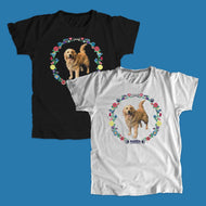 Black and gray unisex t-shirts featuring a cross stitch style print of Bailey. (4421602279533) (7431678525629)