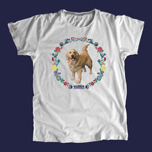Load image into Gallery viewer, Gray unisex t-shirt featuring a cross stitch style print of Bailey. (4421602279533) (7431678525629)