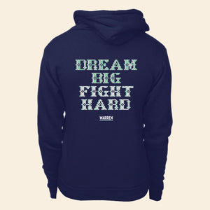 Back view of hoodie featuring a cross stitch style print of the phrase, Dream Big, Fight Hard. (4421406851181) (7432803745981)