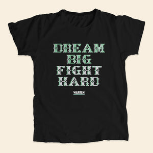 Black unisex t-shirt featuring a cross stitch style print of the phrase: Dream Big, Fight Hard. (4421574688877) (7431682523325)