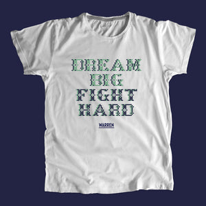 Gray unisex t-shirts featuring a cross stitch style print of the phrase: Dream Big, Fight Hard. (4421574688877) (7431682523325)