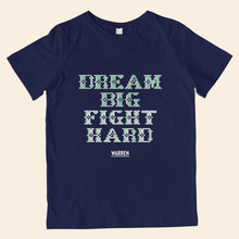 Load image into Gallery viewer, Navy youth t-shirt featuring cross stitch style print of the phrase, Dream Big, Fight Hard. (4407626924141) (7431627014333)