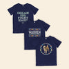 Three navy youth t-shirts featuring cross stitch style prints of Bailey, the phrase, Dream Big, Fight Hard, and the classic Warren logo. (4407626924141) (7431627014333)