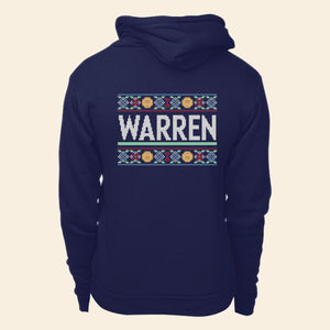 Back view of hoodie featuring a cross stitch style print of the classic Warren logo. (4421406851181) (7432803745981)