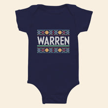 Load image into Gallery viewer, Navy onesie featuring cross stitch style print of classic Warren logo. (4407619223661) (7431626260669)