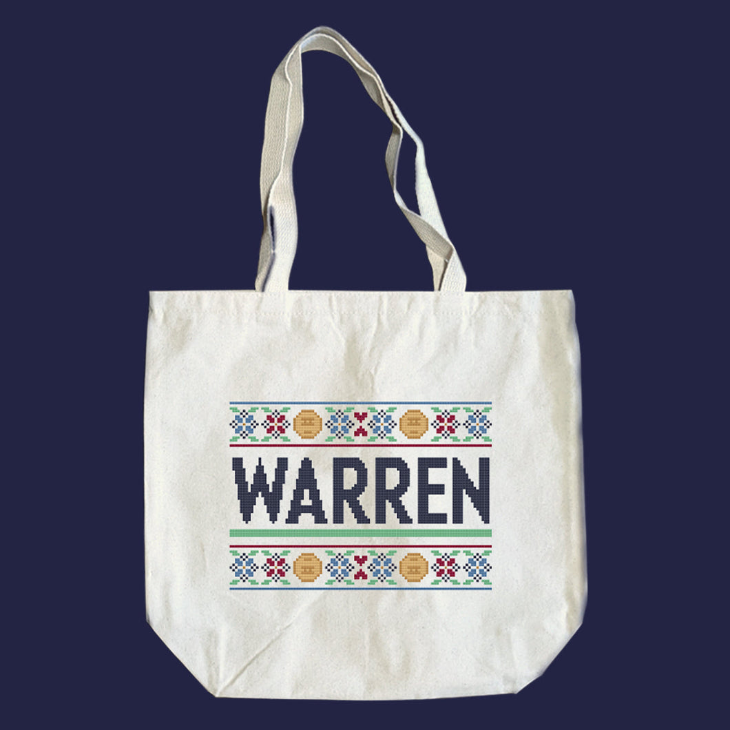 Natural canvas tote featuring a cross stitch style print of the classic Warren logo.  (4407646486637) (7431626621117)