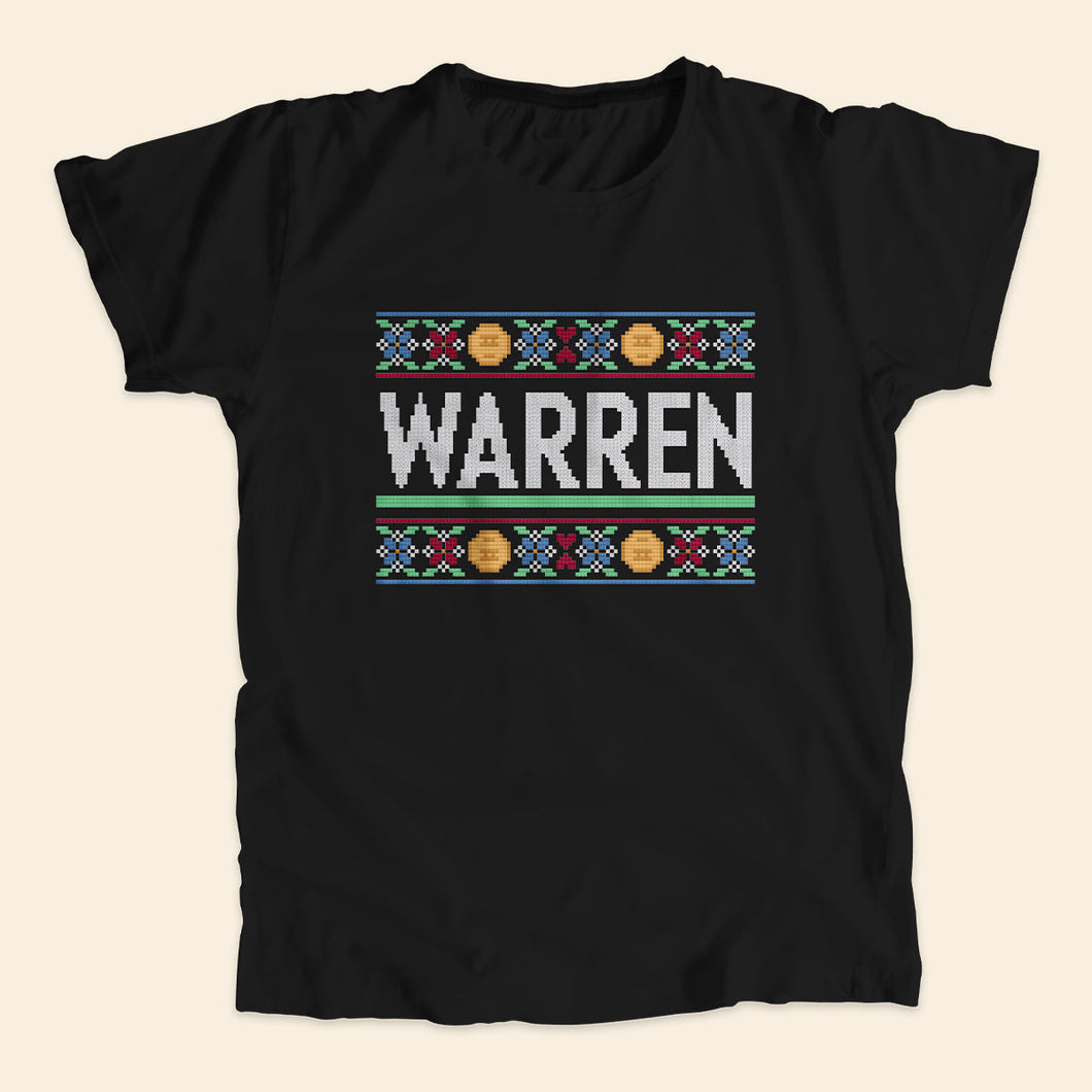 Black unisex t-shirts featuring a cross stitch style print of the classic Warren logo.  (4407582752877) (7433025945789)