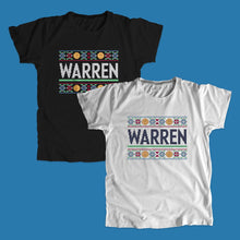 Load image into Gallery viewer, Black and gray unisex t-shirts featuring a cross stitch style print of the classic Warren logo.  (4407582752877) (7433025945789)