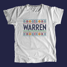 Load image into Gallery viewer, Gray unisex t-shirts featuring a cross stitch style print of the classic Warren logo.  (4407582752877) (7433025945789)
