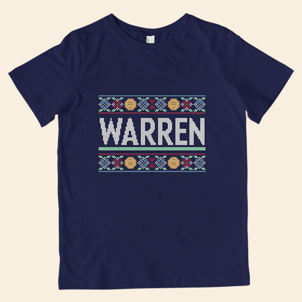 Navy youth t-shirt featuring cross stitch style print of the classic Warren logo. (4407626924141) (7431627014333)