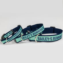 Load image into Gallery viewer, Small, medium and large sizes of the dog collars in navy and liberty green with the phrase, Bailey&#39;s Running Mate. (4166791397485)