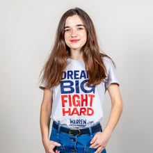 Load image into Gallery viewer, Dream Big, Fight Hard Fitted T-shirt in grey on model.  (1518922530925) (7431682818237)