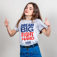 Load image into Gallery viewer, Dream Big, Fight Hard Fitted T-shirt in grey on model giving a thumbs up. (1518922530925) (7431682818237)