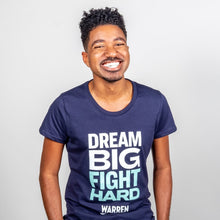 Load image into Gallery viewer, Dream Big, Fight Hard Fitted T-shirt in navy and green on model.  (1518922530925) (7431682818237)