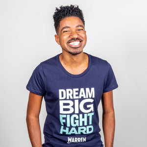 Dream Big, Fight Hard Fitted T-shirt in navy and green on model.  (1518922530925) (7431682818237)
