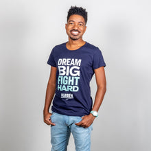 Load image into Gallery viewer, Dream Big, Fight Hard Fitted T-shirt in navy and green on model.  (1518922530925) (7431682818237)