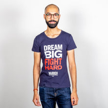 Load image into Gallery viewer, Dream Big, Fight Hard Fitted Navy T-shirt with White and Red Text on Model. (1518922530925) (7431682818237)