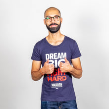 Load image into Gallery viewer, Dream Big, Fight Hard Fitted Navy T-shirt with White and Red Text on Model giving a thumbs up. (1518922530925) (7431682818237)