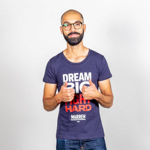 Dream Big, Fight Hard Fitted Navy T-shirt with White and Red Text on Model giving a thumbs up. (1518922530925) (7431682818237)