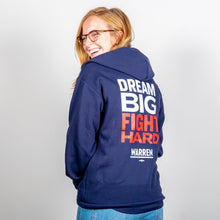 Load image into Gallery viewer, Dream Big, Fight Hard Navy Hoodie back view on model. (1506799779949) (7433842753725)
