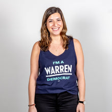 Load image into Gallery viewer, I&#39;m A Warren Democrat Unisex Navy Tank with Liberty Green and White Text on model. (1678478377069) (7431621607613)