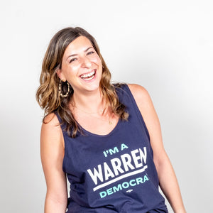 I'm A Warren Democrat Unisex Navy Tank with Liberty Green and White Text on laughing model.  (1678478377069) (7431621607613)