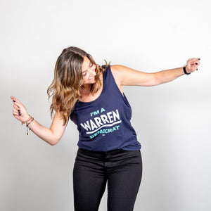 I'm A Warren Democrat Unisex Navy Tank with Liberty Green and White Text on dancing model.  (1678478377069) (7431621607613)