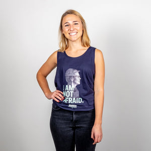 I Am Not Afraid Unisex Navy Tank featuring an image of Elizabeth Warren on smiling model.  (3961432277101) (7431621411005)