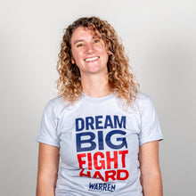 Load image into Gallery viewer, Dream Big, Fight Hard Unisex Grey T-shirt with Navy and Red print on model. (1518922596461) (7432137736381)