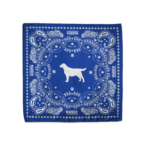 Blue bandana featuring a silhouette of Bailey encircled with a paisley print made of tennis balls, dog bones and paw prints. (1518887338093) (7431678755005)