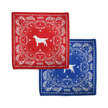 Load image into Gallery viewer, Red and Blue bandanas featuring an outline of Bailey encircled with a paisley print made of tennis balls, dog bones and paw prints. (1518887338093) (7431678755005)