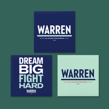Load image into Gallery viewer, Two Square Magnets featuring the Warren Logo in Navy, Liberty Green and White. Another square magnet featuring the words: Dream Big, Fight Hard. (4348364750957)