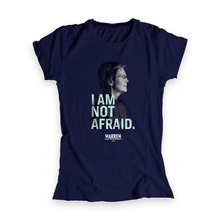 Load image into Gallery viewer, Navy fitted t-shirt with a profile photo of Elizabeth Warren and the phrase, I am not afraid, in liberty green all caps type (3961420611693) (7432138948797)