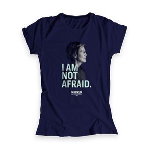 Navy fitted t-shirt with a profile photo of Elizabeth Warren and the phrase, I am not afraid, in liberty green all caps type (3961420611693) (7432138948797)