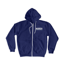 Load image into Gallery viewer, Front view of navy hoodie zipped up with Warren logo. (1506799779949) (7433842753725)