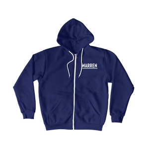 Front view of navy hoodie zipped up with Warren logo. (1506799779949) (7433842753725)