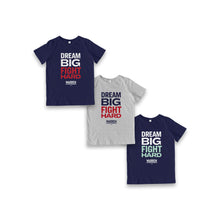 Load image into Gallery viewer, Dream Big, Fight Hard Youth Unisex T-Shirt in three colorways: Navy with white and red type, Navy with white and liberty green type, Gray with navy and red type.  (1518924136557) (7432138129597)