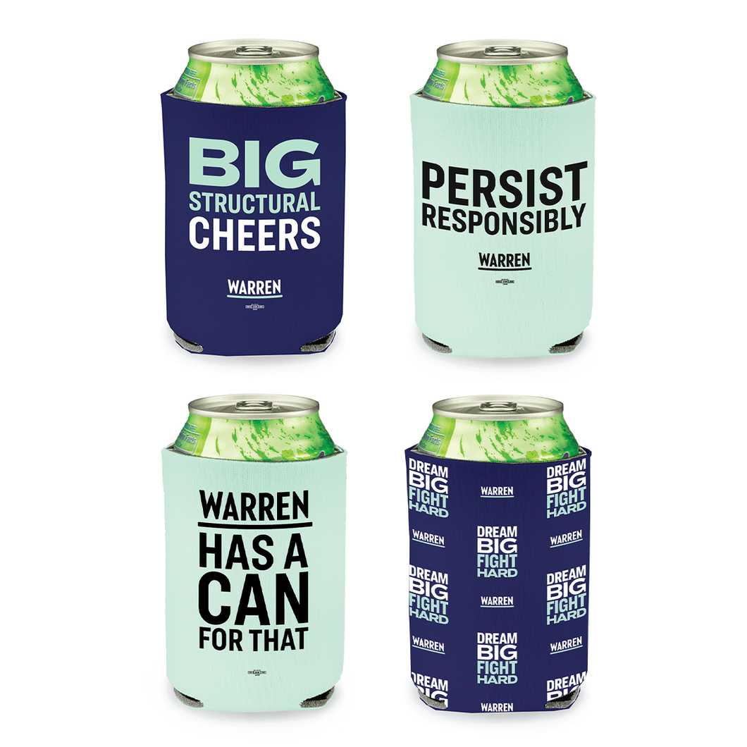 Four navy and liberty green koozies printed with the phrases: Big Structural Cheers, Warren has a can for that, Persist Responsibly. (4166969065581)