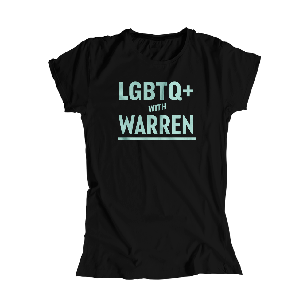 LGBTQ+ with Warren Black Fitted T-shirt with Liberty Green type. (4464726540397) (7432139571389)