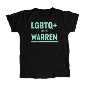 LGBTQ+ with Warren Black Fitted T-shirt with Liberty Green type. (4455136362605) (7432139604157)