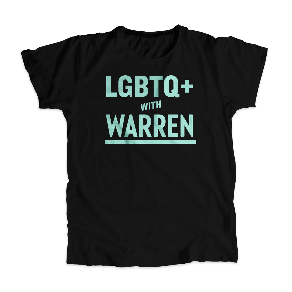 LGBTQ+ with Warren Black Fitted T-shirt with Liberty Green type. (4455136362605) (7432139604157)