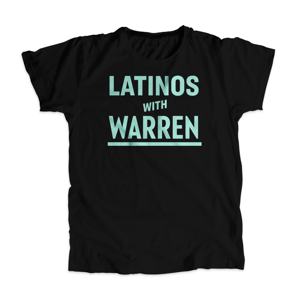 Latinos with Warren Black Unisex T-shirt with Liberty Green type. (4455136034925) (7432139473085)