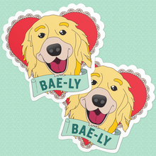 Load image into Gallery viewer, Valentine Heart Stickers featuring Bailey the dog with a banner that reads: Bae-ly. (4487358480493)