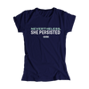 Nevertheless, She Persisted Navy Fitted T-Shirt with liberty green and white text. (4528025141357) (7432139866301)