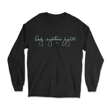 Load image into Gallery viewer, Black long sleeve unisex t-shirt that says &quot;only righteous fights&quot; in liberty green in Elizabeth Warren&#39;s handwriting (6085900337341) (7431621705917)