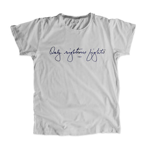 Platinum gray unisex t-shirt with the phrase "only righteous fights" in navy in Elizabeth Warren's handwriting (6085868060861) (7431622099133)