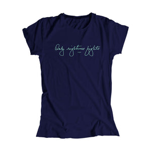 Navy fitted shirt with the phrase "only righteous fights" in liberty green in Elizabeth Warren's handwriting (6085909610685) (7431621673149)