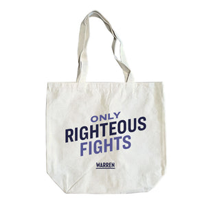 Canvas tote bag with the phrase "Only Righteous Fights" in light purple and navy with the Warren logo in navy (6085849841853) (7431622000829)