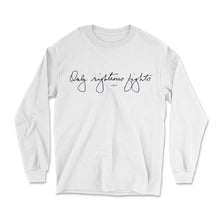 Load image into Gallery viewer, White long sleeve unisex t-shirt that says &quot;only righteous fights&quot; in navy in Elizabeth Warren&#39;s handwriting (6085900337341) (7431621705917)