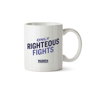 White mug with the phrase "Only Righteous Fights" in light purple and navy with the Warren logo in navy (6085777785021) (7431621738685)